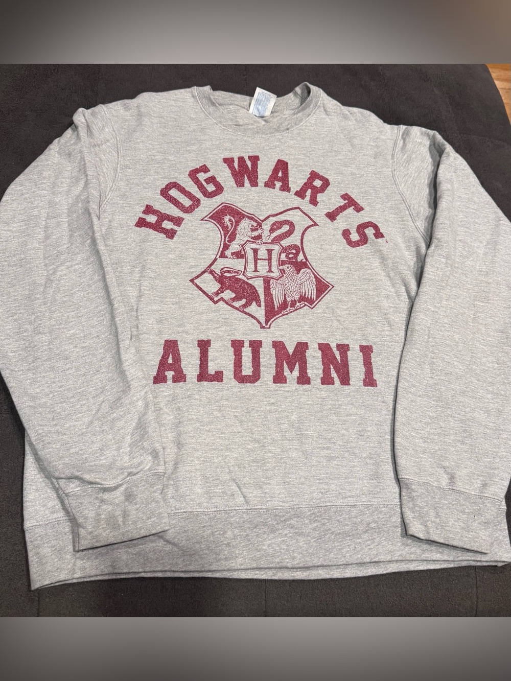 Port and Company Gray Crewneck with Maroon Hogwarts Alumni Graphic